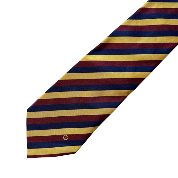 Dunhill London Mens 100% Silk Tie Navy Maroon Yellow Striped Patterned Logo - Picture 1 of 10